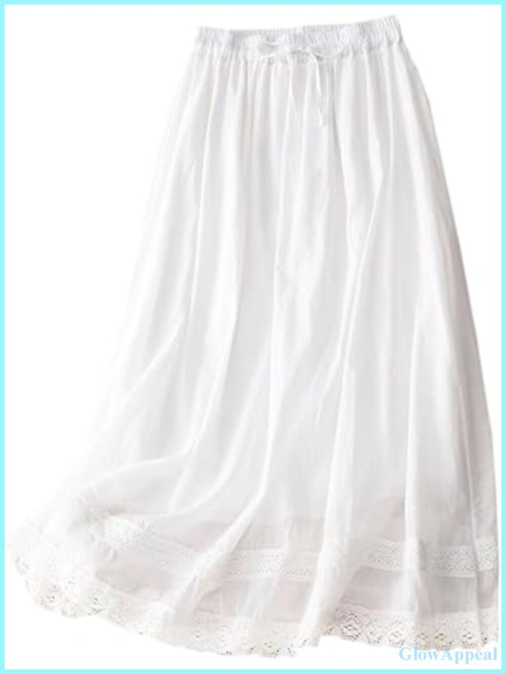 Cotton Linen Midi Skirt Lace Trim A-Line Flowy Boho Elastic Waist
